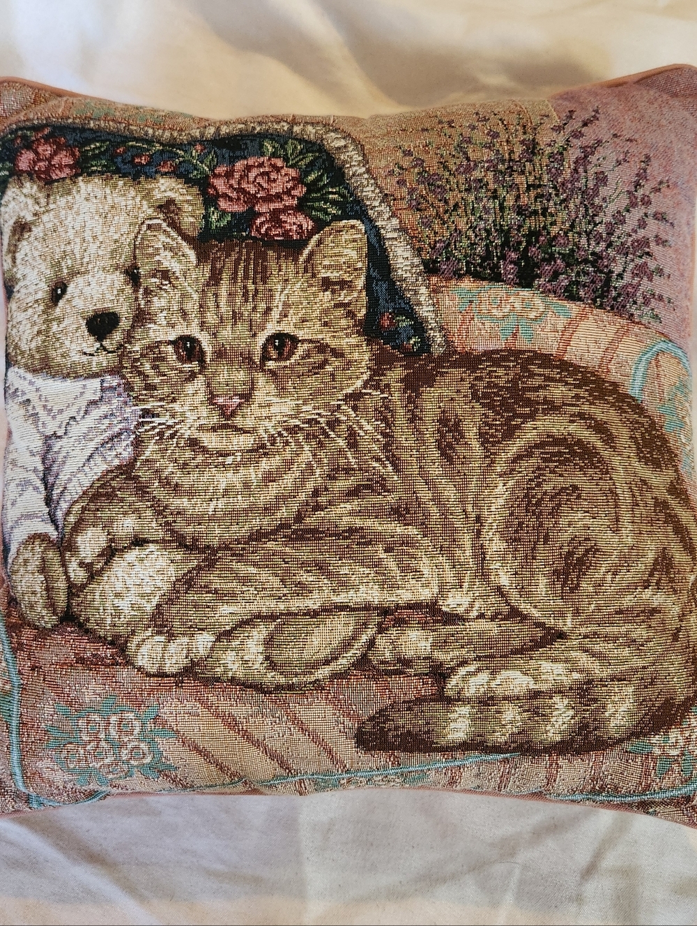 Vintage Cat Tapestry Pillow Cottagecore Floral Needlepoint Style Throw